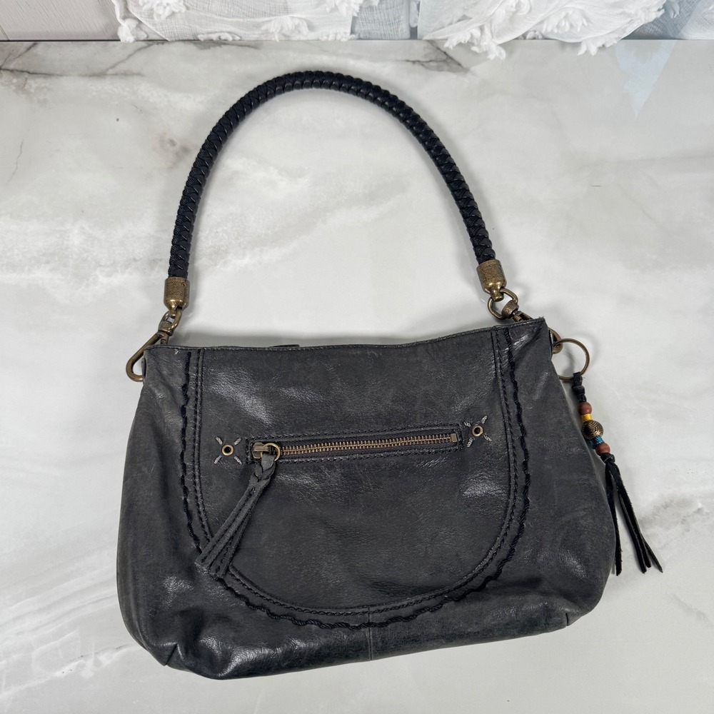 The Sak Distressed Leather Handbag Thick Braided Strap Brass Toned Hardware Boho
